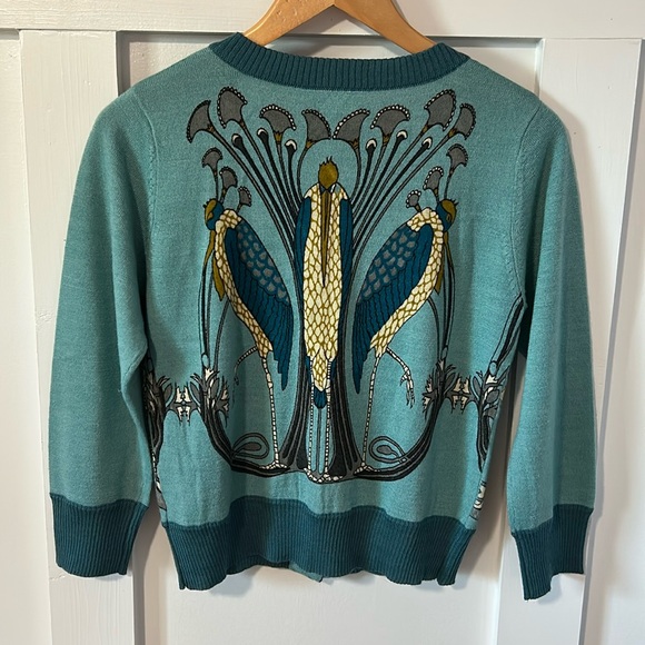 Knitted Dove Birds of a Feather Print Blue Button Cardigan Sweater Wool Blend S - Picture 4 of 12